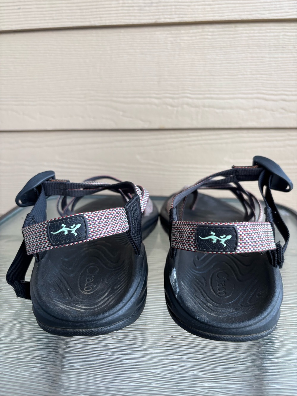 Chaco Women's Black Footbed Sandals with Taupe-Patterned Straps - Picture 5 of 7